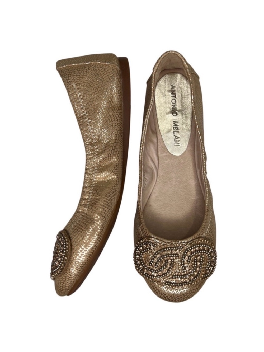 Antonio Melani Ballet Flats Petra Metallic Jewelled Leather Sand Rose Gold 6 M